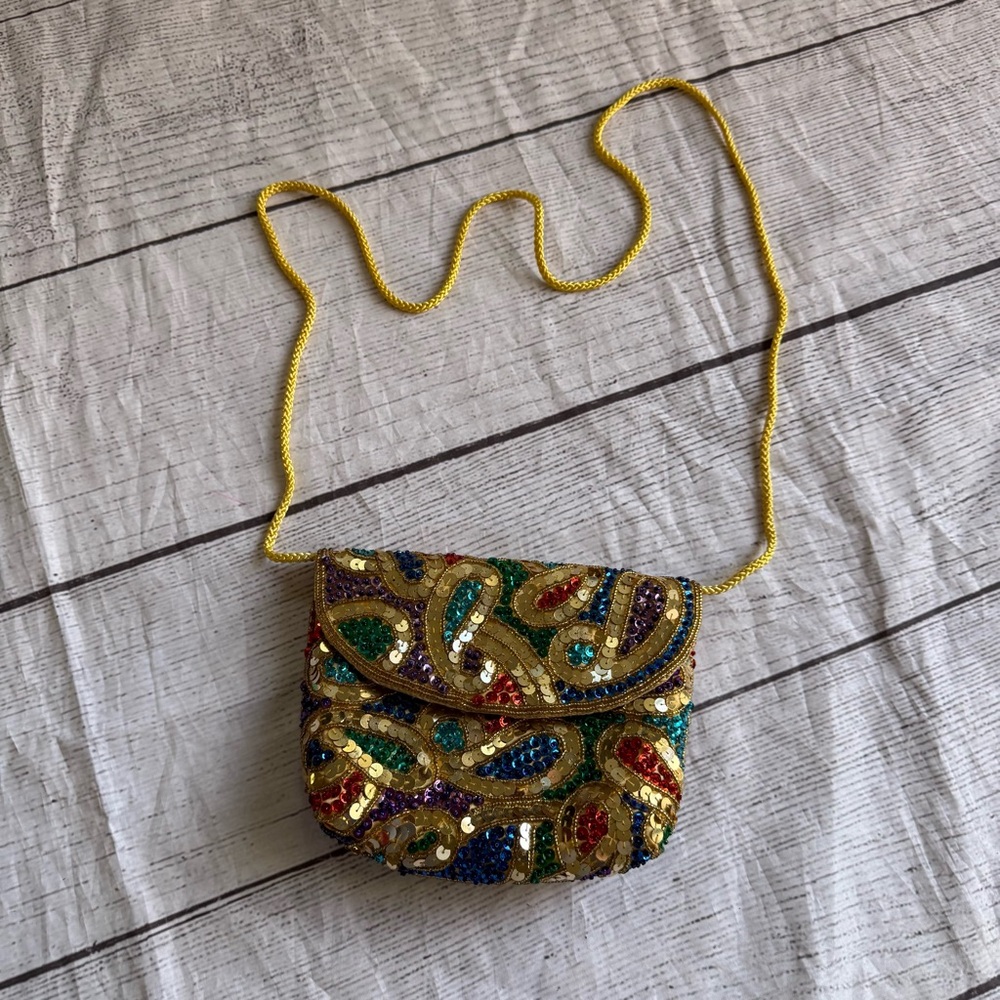 Beaded Evening Bag Sequin Multicolor Purse Gold Rope Strap Clutch